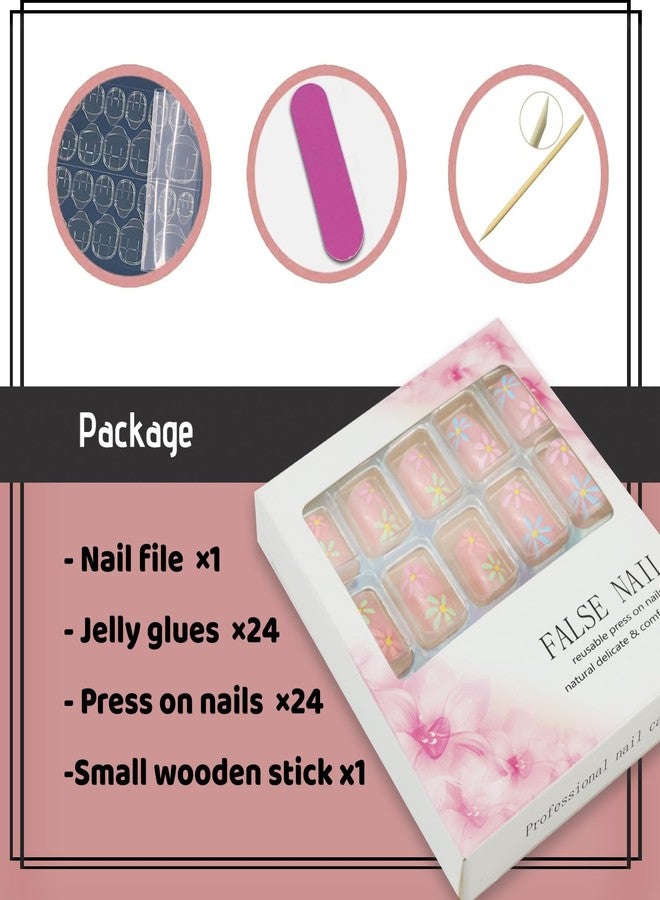 SEMATA Pink Flower Press on Nails Short Square Acrylic Nails Press ons Spring Summer Cute Glue on Fake Nail with Colorful Flower Designs Artificial Stick on False Nail for Women and Girls - Image 5